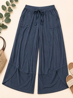 Anymiss 2XL Blue Wide Leg Lagenlook Drawstring Pants Boho Artsy